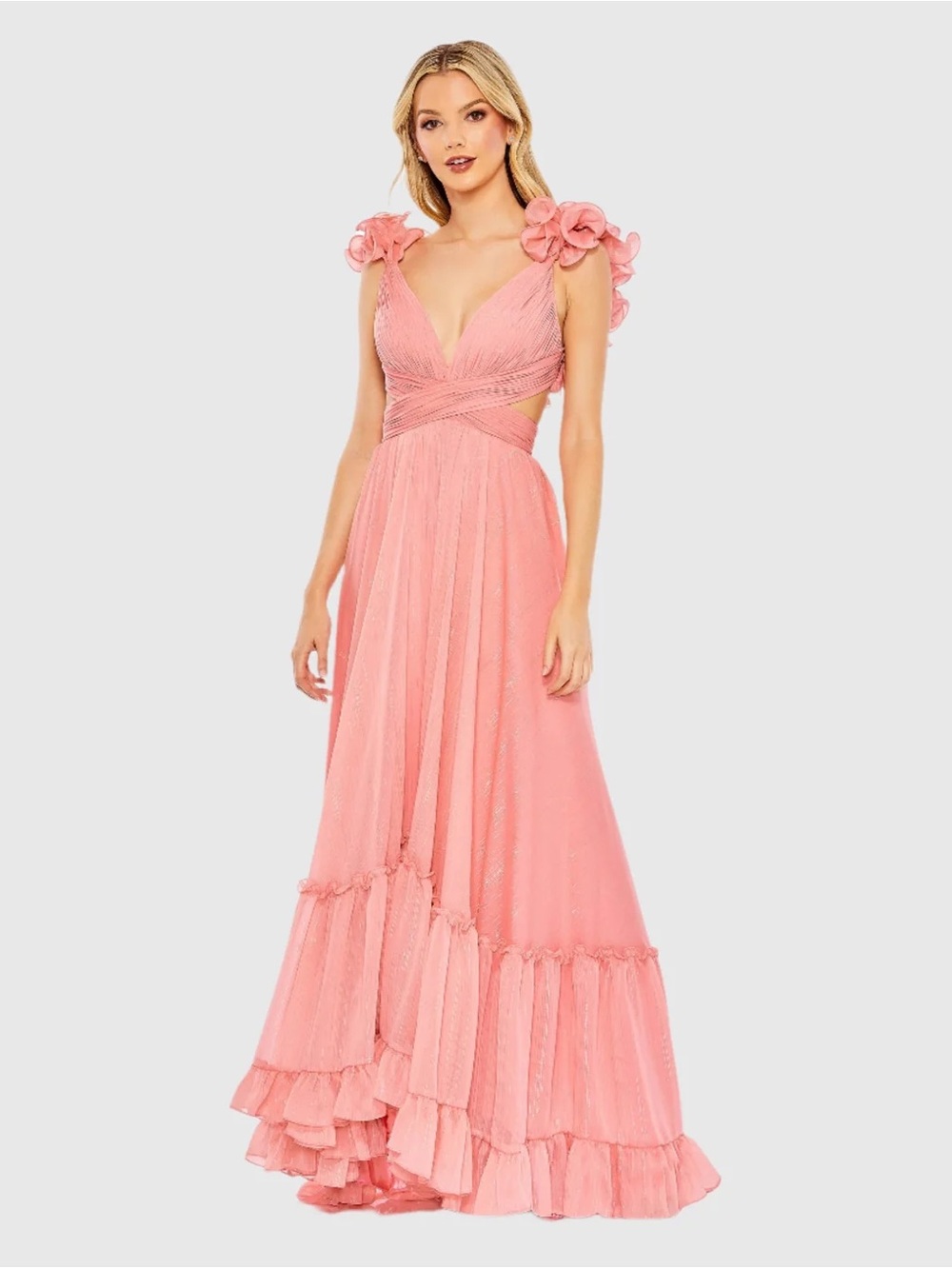 Mac Duggal Ruffle Sleeve V-Neck Chiffon A-Line Gown - Pink/Coral - Size 6